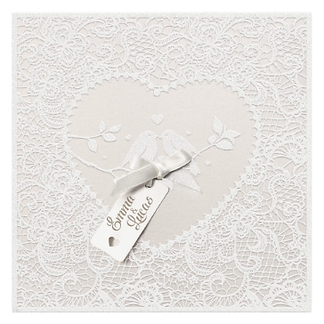 Hochzeitseinladung "Allison" in Creme mit Vögeln und Spitze