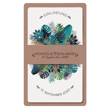 Hochzeitseinladung Namika aus Aquarell und Kraftpapier mit Bl&auml;tter und Farn Motiv in Blau und Gr&uuml;n