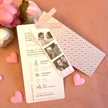 Fotokarte Hochzeitseinladung in Rosa mit goldenen geometrischen Akzenten - Fächerkarte