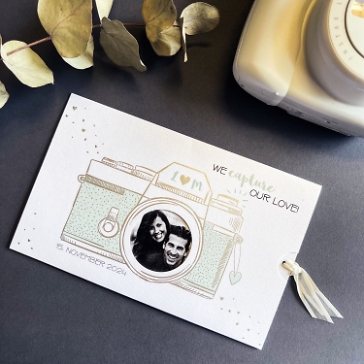 Hochzeitseinladung Fotokarte im Design einer Kamera - Mint und Creme