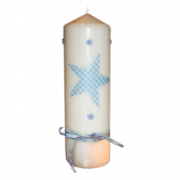 Kerze mit hellblauem Stern zur Taufe