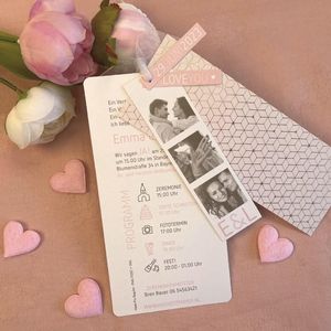 Dreiteilige Einladungskarte mit Fotostreifen und rosa-goldenen Elementen