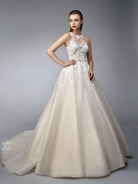 Glamouröses Brautkleid von Enzoani A-Linie Hochgeschlossen aus Organza