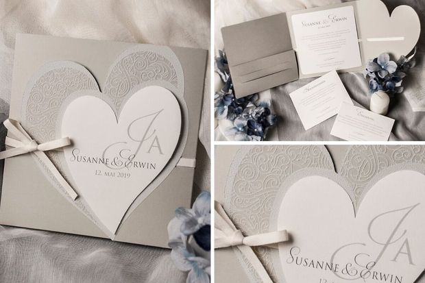 Hochzeitseinladung Kirsten in Grau mit Flockdruck im Spitzen Design