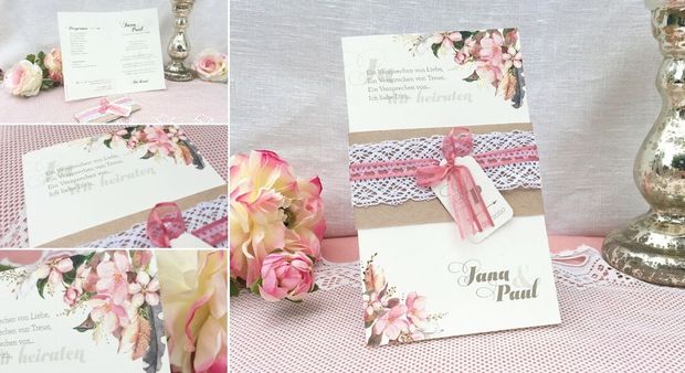 Hochzeitseinladung mit Kraftpapier, Blüten, Rosa & Gold
