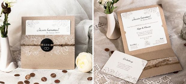 Hochzeitseinladung aus Kraftpapier mit Spitze und Jute